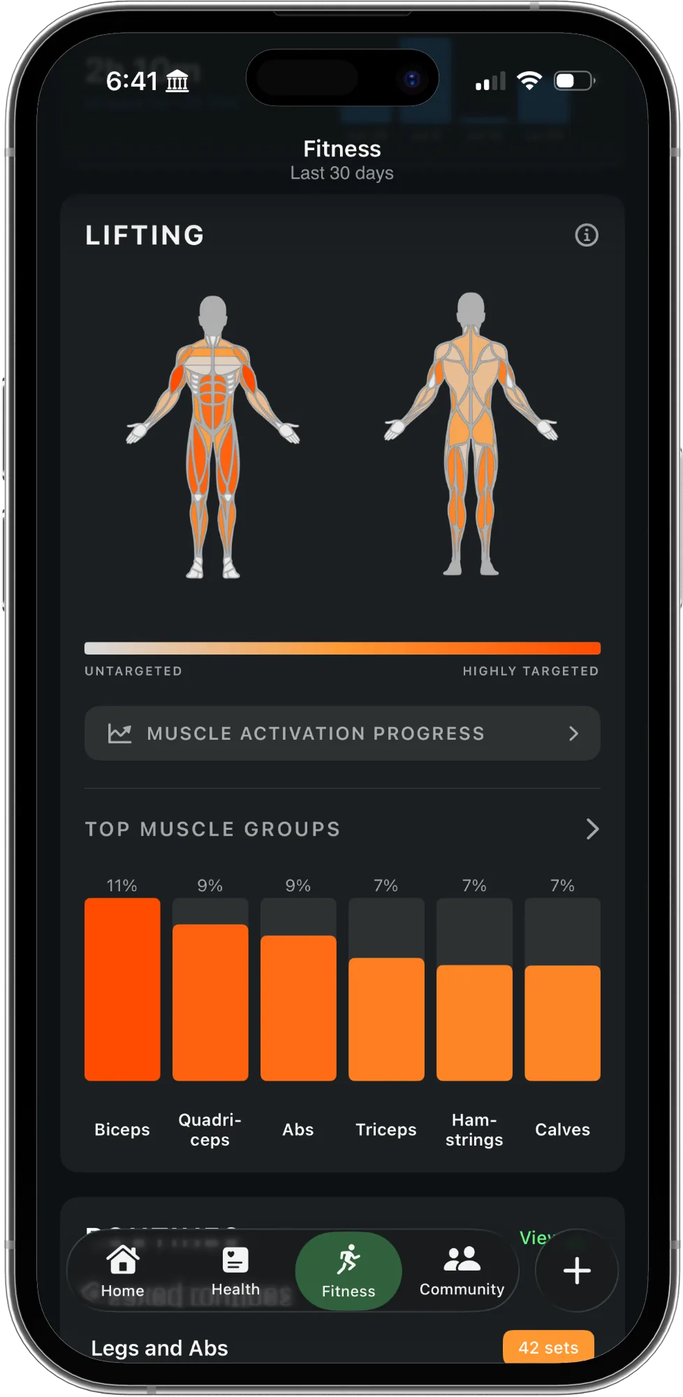 Muscle load heatmap and top muscle groups