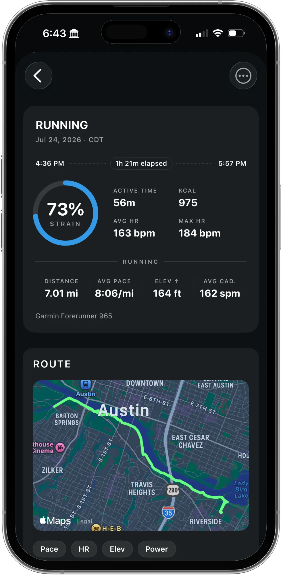 Run detail with strain, pace, heart rate and route map